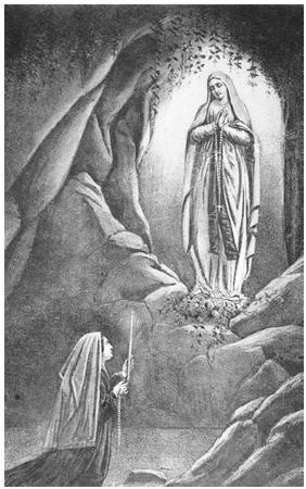 Virgin Mary appearing before Bernadette Soubirous (1844–1879) at Lourdes. (FORTEAN PICTURE LIBRARY)